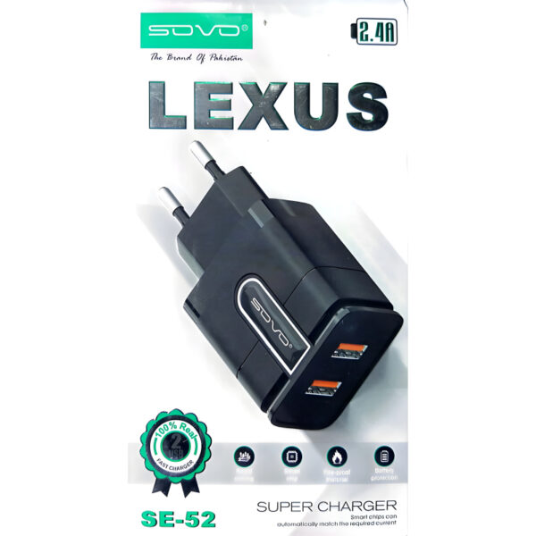 Sovo SE-52 Lexus 2.4 Amp Super Fast Charging Adapter With 2 USB Ports - Image 8