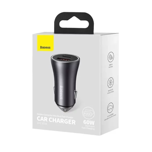 Baseus Golden Contactor Max Dual Fast Charger Car Charger U+C 60W Dark Gray - Image 2