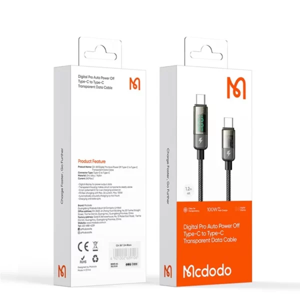McDodo CA-3610 5A 100W Type-C to Type-C Charging Cable, 1.2m Auto Power Off Transparent Data Cable with Digital Display - Image 4