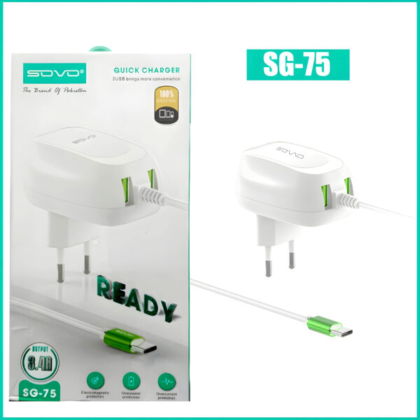 Sovo SG-75 Ready 3.4-Amp 2USB High Quallity Type-C Cable Fast Charger - Image 2