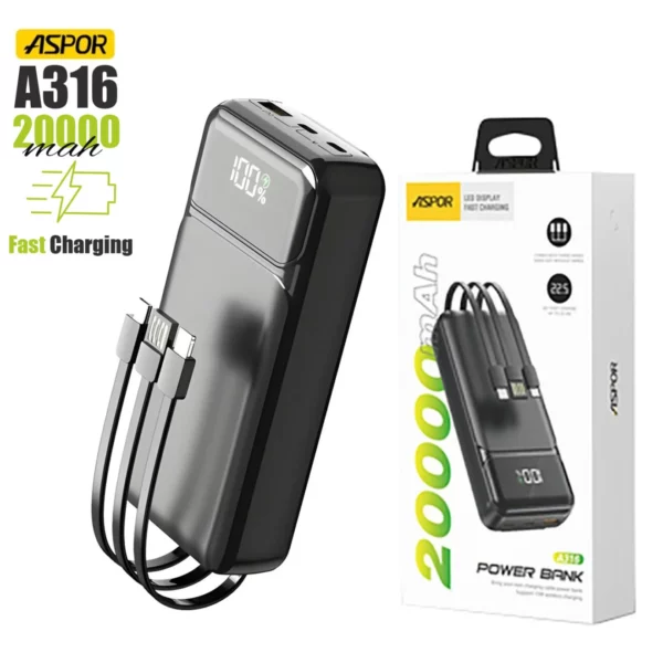 ASPOR A316 20000mAh 22.5W High-Speed Power Bank with Built-in Cable - Image 3