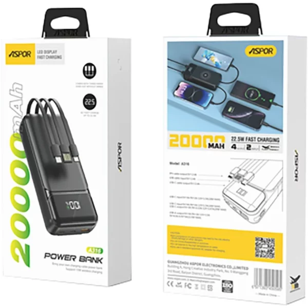 ASPOR A316 20000mAh 22.5W High-Speed Power Bank with Built-in Cable - Image 4