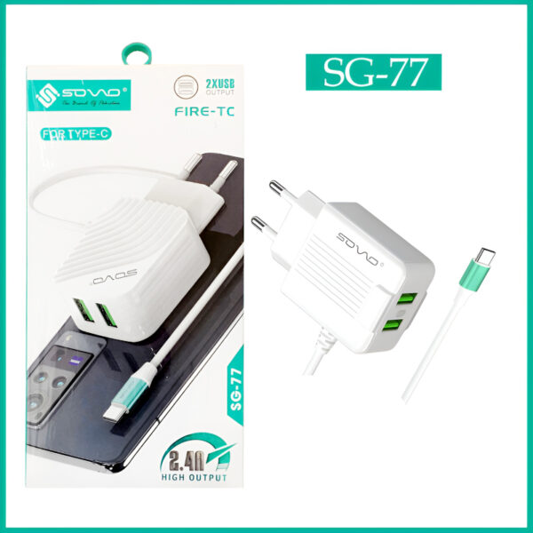 SOVO SG-77 FIRE-TC 2.4A High Quality Type-C Charger With Dual USB Output - Image 2