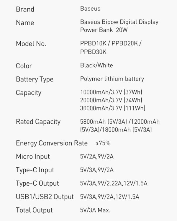Baseus Bipow Digital Display Power Bank 30000mAh 20W in Black - Image 6
