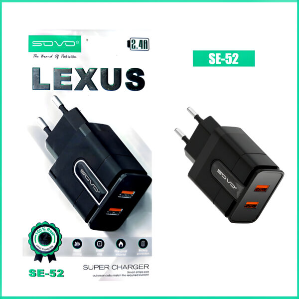 Sovo SE-52 Lexus 2.4 Amp Super Fast Charging Adapter With 2 USB Ports - Image 7