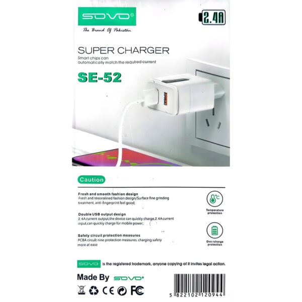 Sovo SE-52 Lexus 2.4 Amp Super Fast Charging Adapter With 2 USB Ports - Image 9