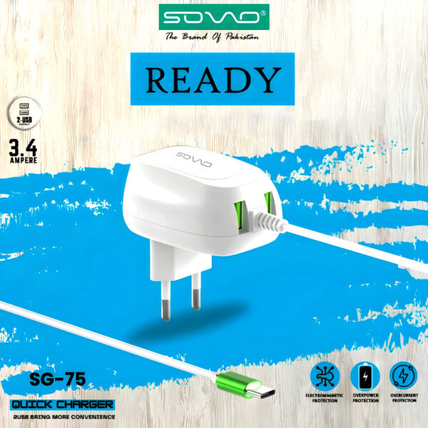 Sovo SG-75 Ready 3.4-Amp 2USB High Quallity Type-C Cable Fast Charger - Image 6