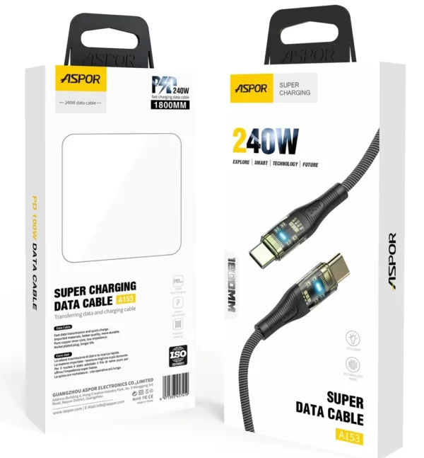 Aspor A153 240W LED Light Type-C to Type-C PD Fast Charging Cable – 1.8M - Image 2