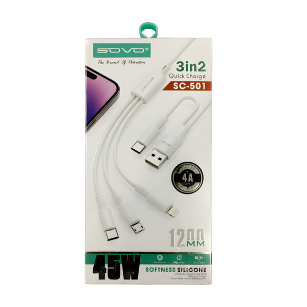 SOVO SC-501 Soft Silicone 45W Quick Charge 3-In-2 PD Cable - Image 5