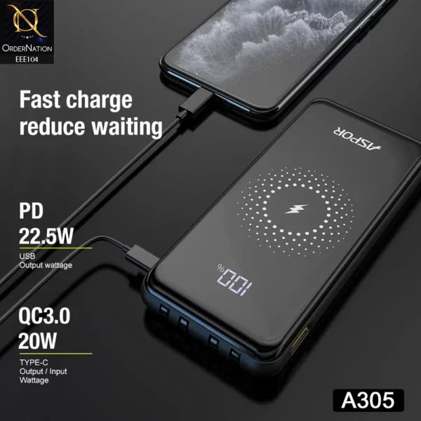 ASPOR A305 10000mAh 15W Wireless Charging Power Bank with 4 Cables - Image 5