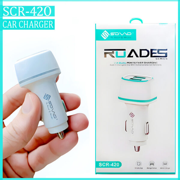 SOVO SCR-420 ROADES 3.1A Dual Ports Fast Car Charger with Android, Type-C, & Lightning Cable - Image 4