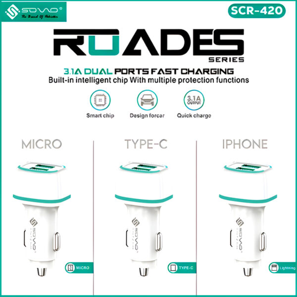 SOVO SCR-420 ROADES 3.1A Dual Ports Fast Car Charger with Android, Type-C, & Lightning Cable - Image 5