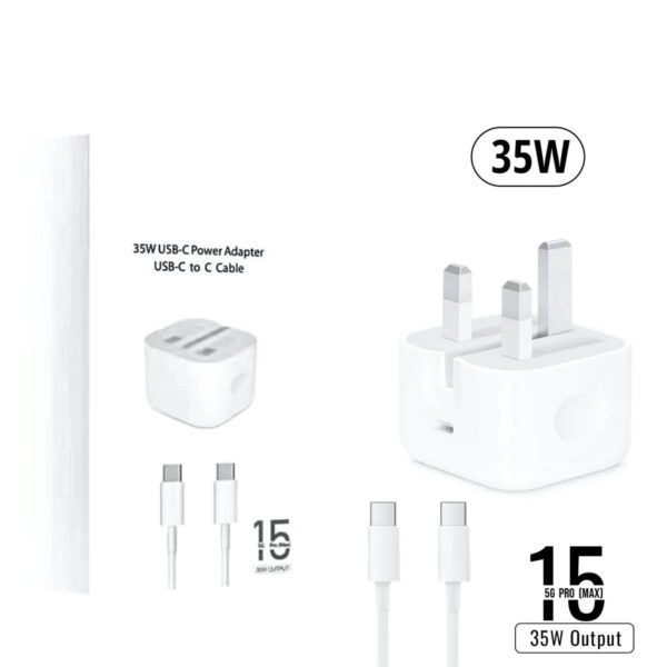 IPHONE 15 PRO MAX 3 PIN (UK PIN) 35W USB-C POWER ADAPTER WITH USB-C TO C CABLE - Image 2