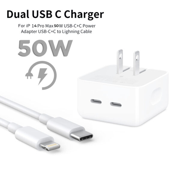 IPHONE 14 Pro 2 Pin (US PIN) 50W USB-C+C POWER Adapter With USB-C TO LIGHTINING CABLE - Image 2