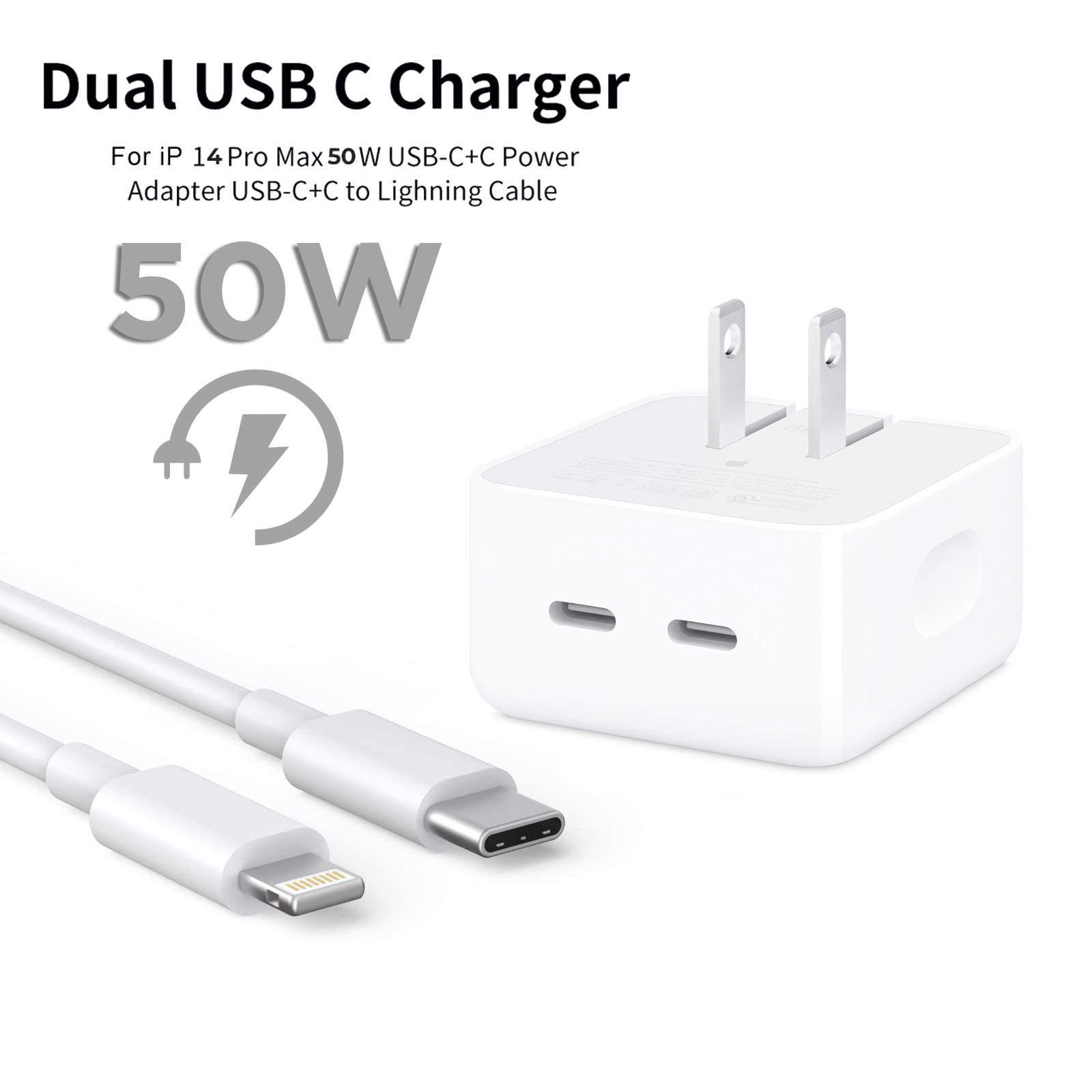 IPHONE 14 Pro 2 Pin (US PIN) 50W USB-C+C POWER Adapter With USB-C TO LIGHTINING CABLE - Image 2